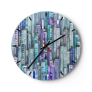 Wanduhr - Glasuhr - Grafische Wolkenkratzer in Blau- und Lilatönen - 30x30cm - Bläulich von dem Himmel - Moderne Wanddekoration für Wohnzimmer, Küche und Schlafzimmer ARTTOR