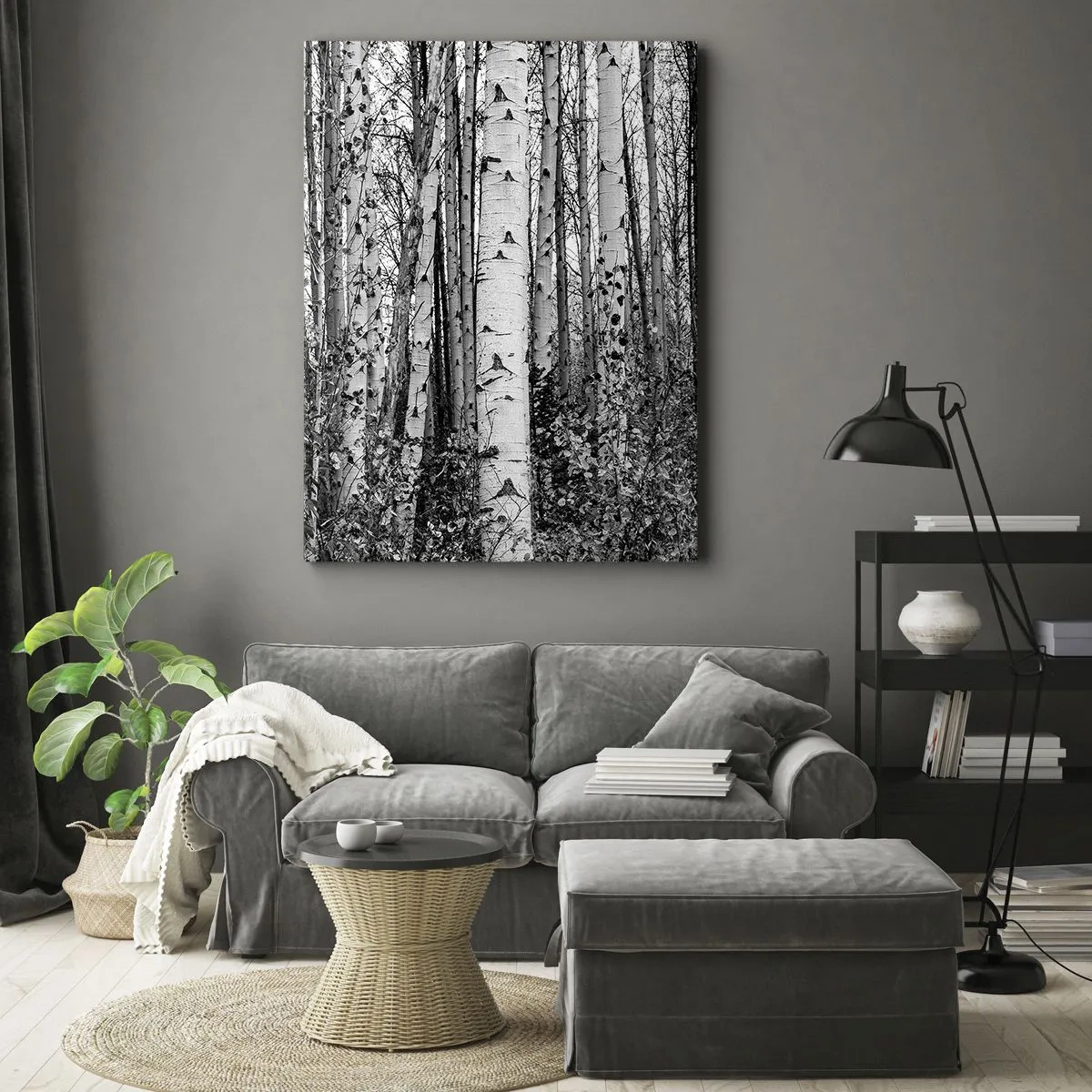 Bild auf Leinwand - Leinwandbild - Schwarz-weiße Birken im Wald - 50x70cm - Birkenkolonnade - Moderne Wanddekoration für Wohnzimmer und Schlafzimmer ARTTOR