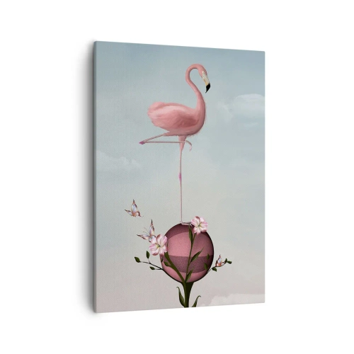 Bild auf Leinwand - Leinwandbild - Ein rosa Flamingo balanciert auf einem Blumenball - 50x70cm - Basketball-Allegorie - Moderne Wanddekoration für Wohnzimmer und Schlafzimmer ARTTOR