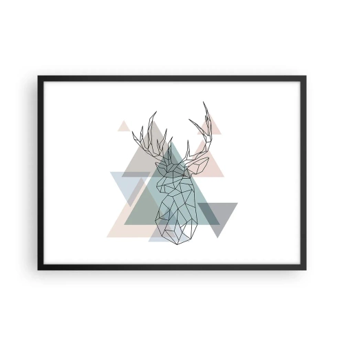 Poster in einem schwarzem Rahmen - Geometrischer Hirsch auf einem Hintergrund aus pastellfarbenen Dreiecken - 70x50cm - In einem geometrischen Wald - Moderne Wanddekoration für Wohnzimmer und Schlafzimmer ARTTOR