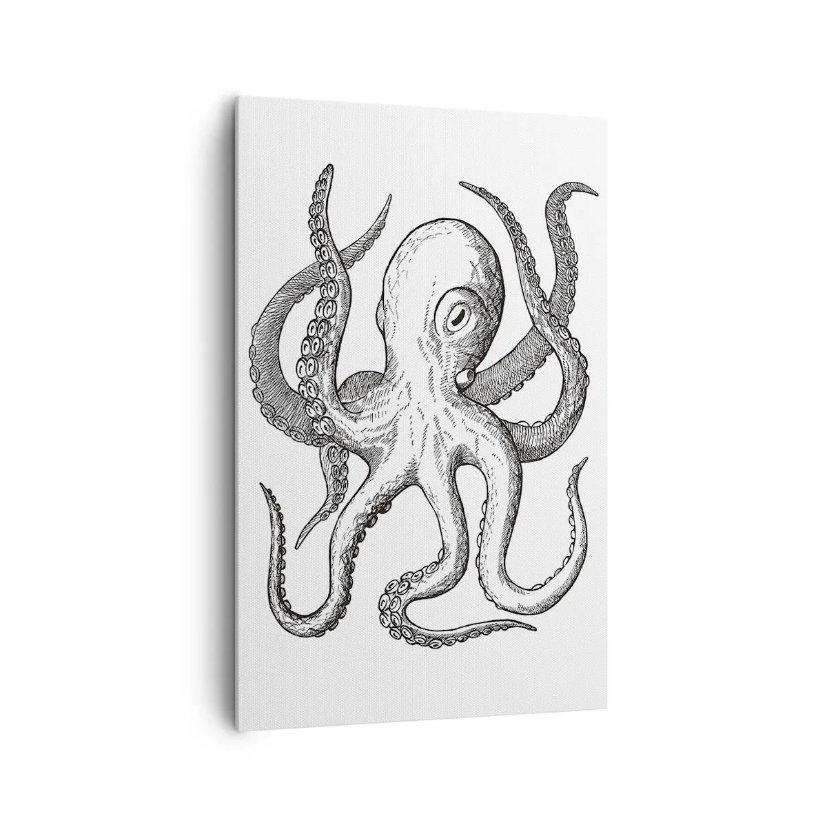 Bild auf Leinwand - Leinwandbild - Schwarz-weiße Zeichnung eines Oktopus auf weißem Hintergrund im Vintage-Stil - 80x120cm - Mit den Wellen tanzen - Moderne Wanddekoration für Wohnzimmer und Schlafzimmer ARTTOR