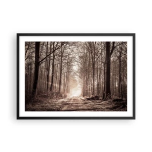 Poster in einem schwarzem Rahmen - Ein Waldweg zwischen sepiafarbenen Bäumen - 70x50cm - Waldkathedrale - Moderne Wanddekoration für Wohnzimmer und Schlafzimmer ARTTOR