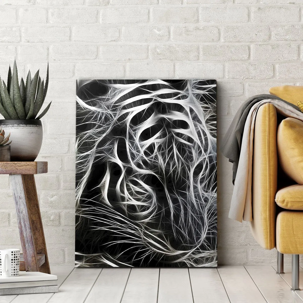 Bild auf Leinwand - Leinwandbild - Ein abstraktes Muster, das die Silhouette einer Katze auf schwarzem Hintergrund darstellt. - 50x70cm - Eine Studie über die Leichtigkeit der Katze - Moderne Wanddekoration für Wohnzimmer und Schlafzimmer ARTTOR