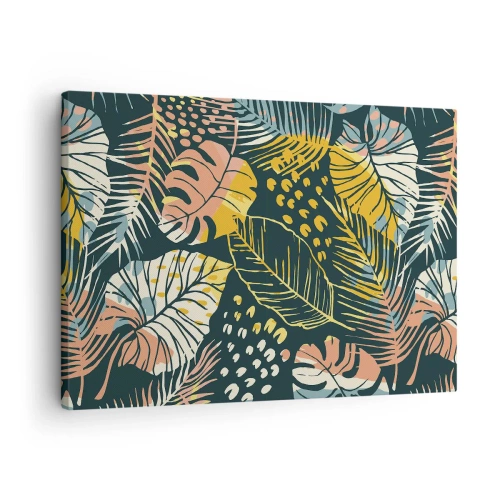 Bild auf Leinwand - Leinwandbild - Bunte Blätter auf dunklem Hintergrund - 70x50cm - Grüne Fantasie - Moderne Wanddekoration für Wohnzimmer und Schlafzimmer ARTTOR