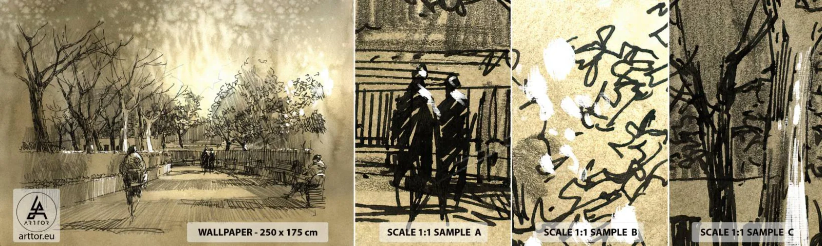 Fototapeten Muster Selbstklebend Deluxe Sticker - Ein Moment mit einer Feder angehalten - Parkgasse, Park, Sepia - 100x30 cm