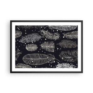 Poster in einem schwarzem Rahmen - Zarte weiße Federn auf marineblauem Hintergrund - 70x50cm - Gefiederte Spitze - Moderne Wanddekoration für Wohnzimmer und Schlafzimmer ARTTOR