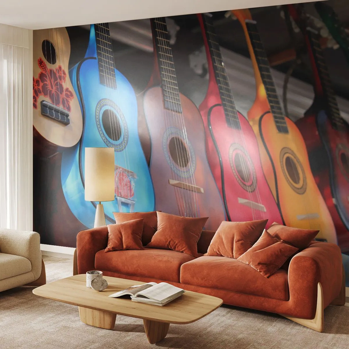 Fototapete Premium Sand - Bunte Gitarren in einer Reihe auf dem Markt aufgehängt - 100x70cm - Lateinische Atmosphäre - Moderne Wanddekoration für Wohnzimmer und Schlafzimmer ARTTOR