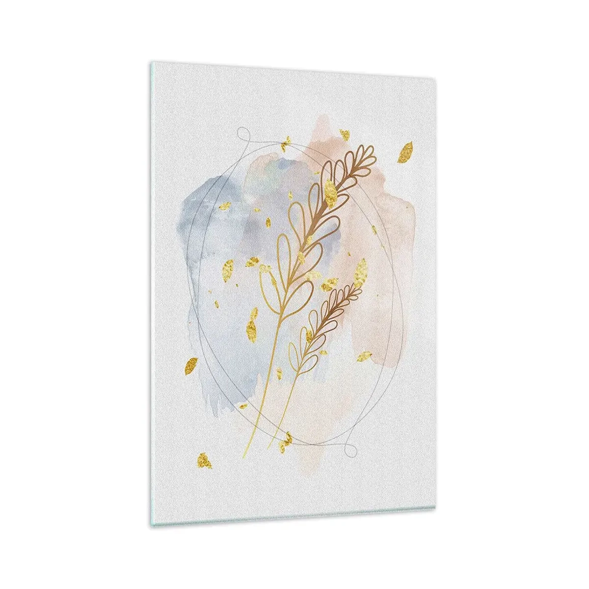 Glasbild - Bild auf glas - Ein zartes goldenes Blattmotiv auf pastellfarbenem Hintergrund mit Aquarelldetails. - 80x120cm - Goldenr Hauch - Moderne Wanddekoration für Wohnzimmer und Schlafzimmer ARTTOR