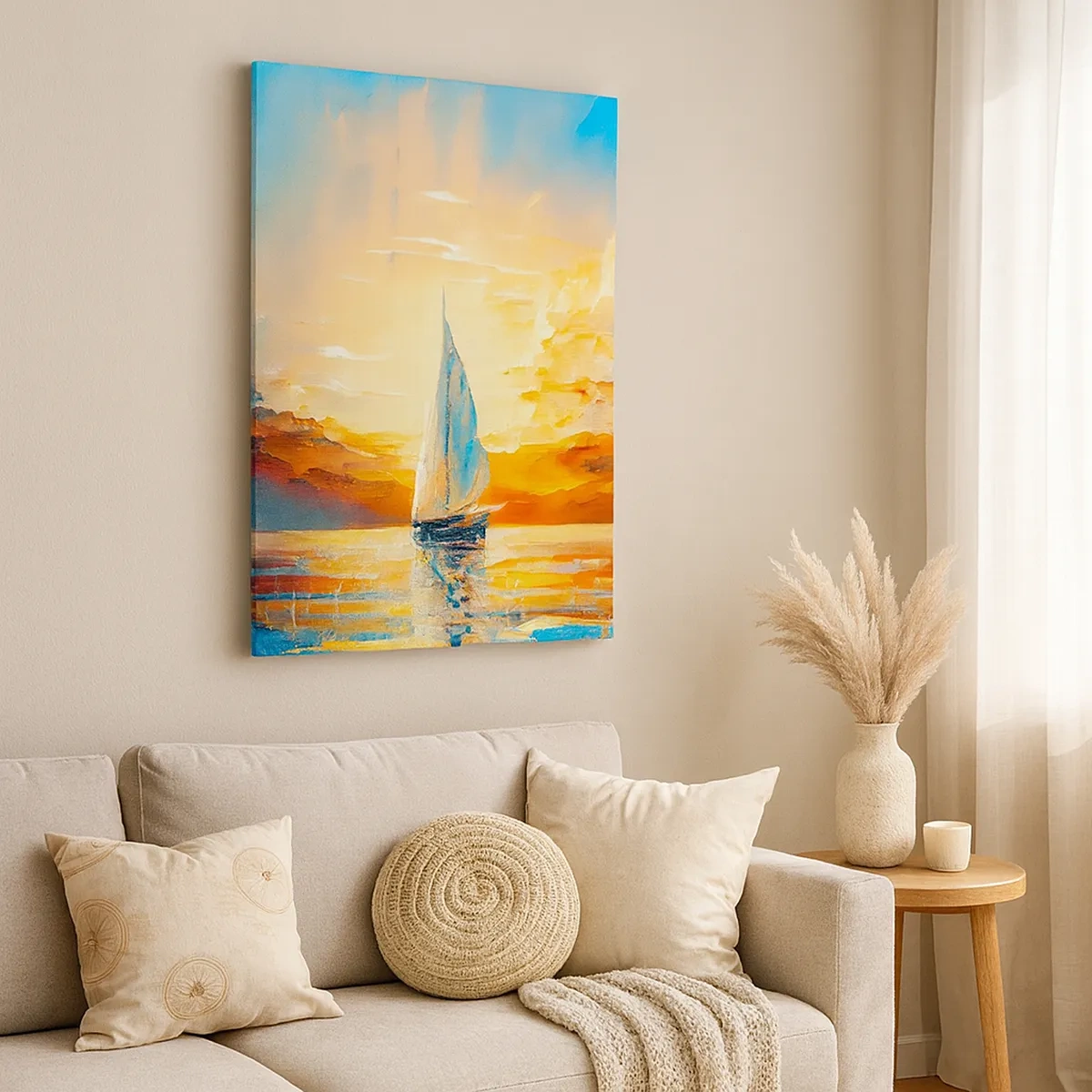 Bild auf Leinwand - Leinwandbild - Ein Segelboot vor der Kulisse der untergehenden Sonne und bunten Wolken - 50x70cm - In Gold segeln - Moderne Wanddekoration für Wohnzimmer und Schlafzimmer ARTTOR