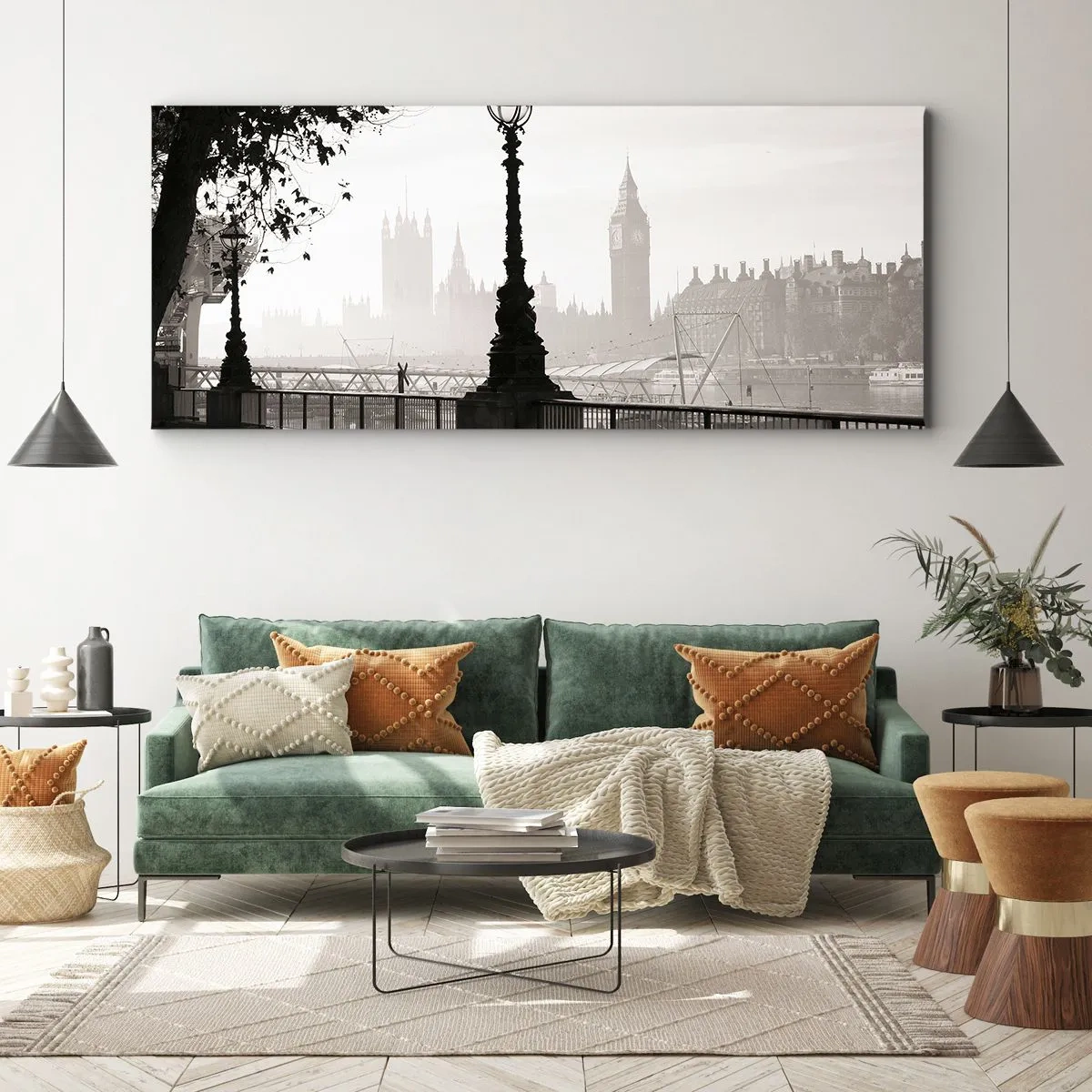 Bild auf Leinwand - Leinwandbild - Eine monochrome Ansicht von Big Ben und der Themse. - 140x50cm - Londoner Morgen - Moderne Wanddekoration für Wohnzimmer und Schlafzimmer ARTTOR