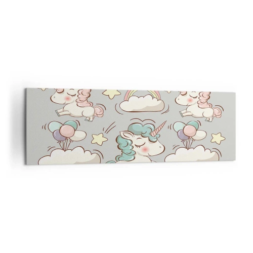 Bild auf Leinwand - Leinwandbild - Niedliche Einhörner auf pastellfarbenem Hintergrund - 160x50cm - Sicherlich gibt es... - Moderne Wanddekoration für Wohnzimmer und Schlafzimmer ARTTOR