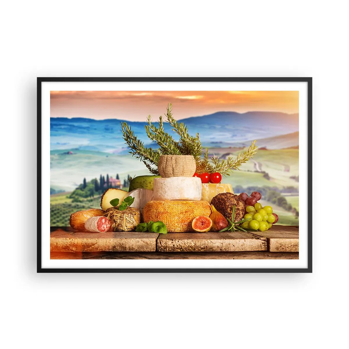 Poster in einem schwarzem Rahmen - Eine Komposition aus Käse und Früchten vor der Kulisse der toskanischen Landschaft - 100x70cm - Die italienische Lebensfreude - Moderne Wanddekoration für Wohnzimmer und Schlafzimmer ARTTOR