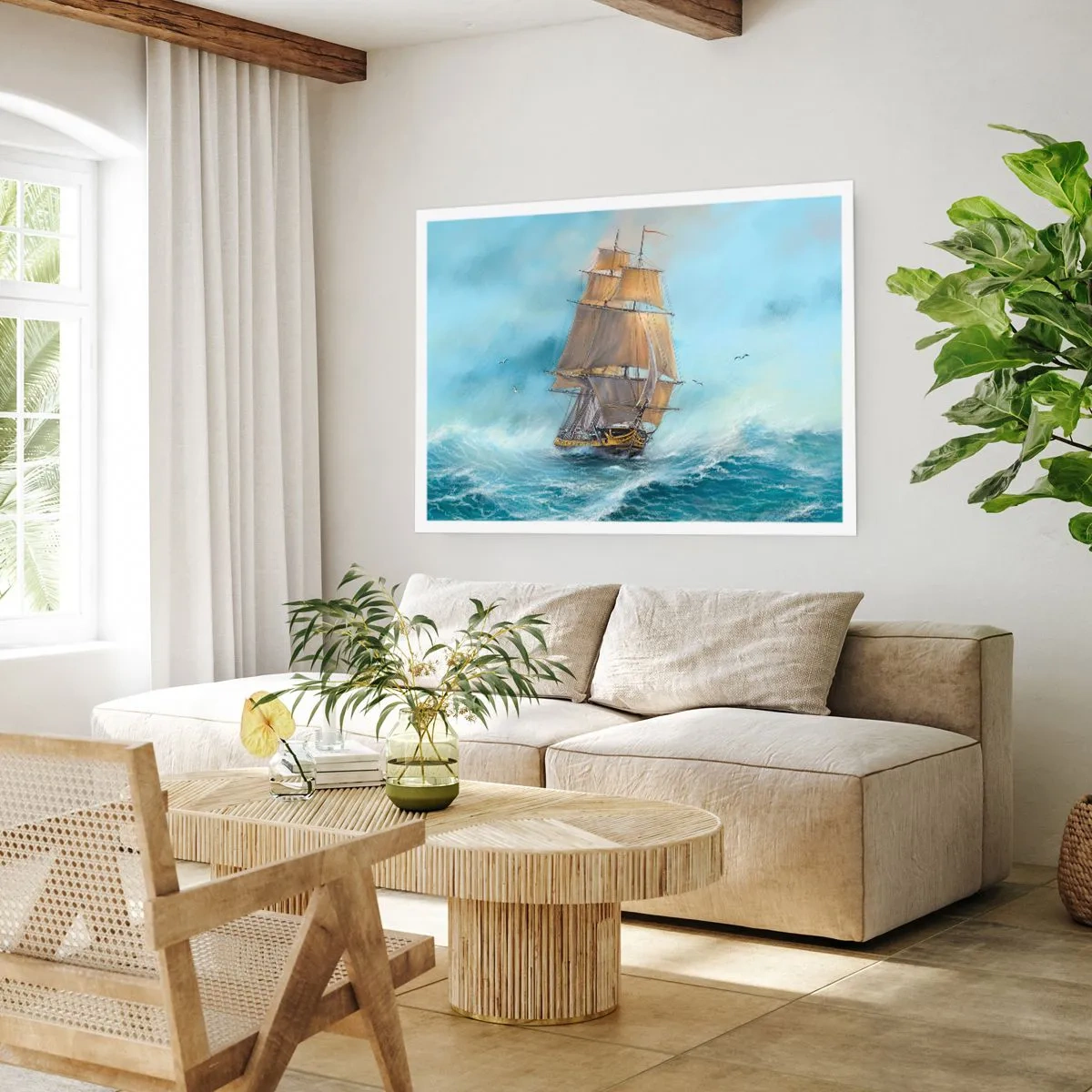 Poster - Ein Segelschiff auf stürmischer See - 100x70cm - Über die Wellen gleiten - Moderne Wanddekoration für Wohnzimmer und Schlafzimmer ARTTOR