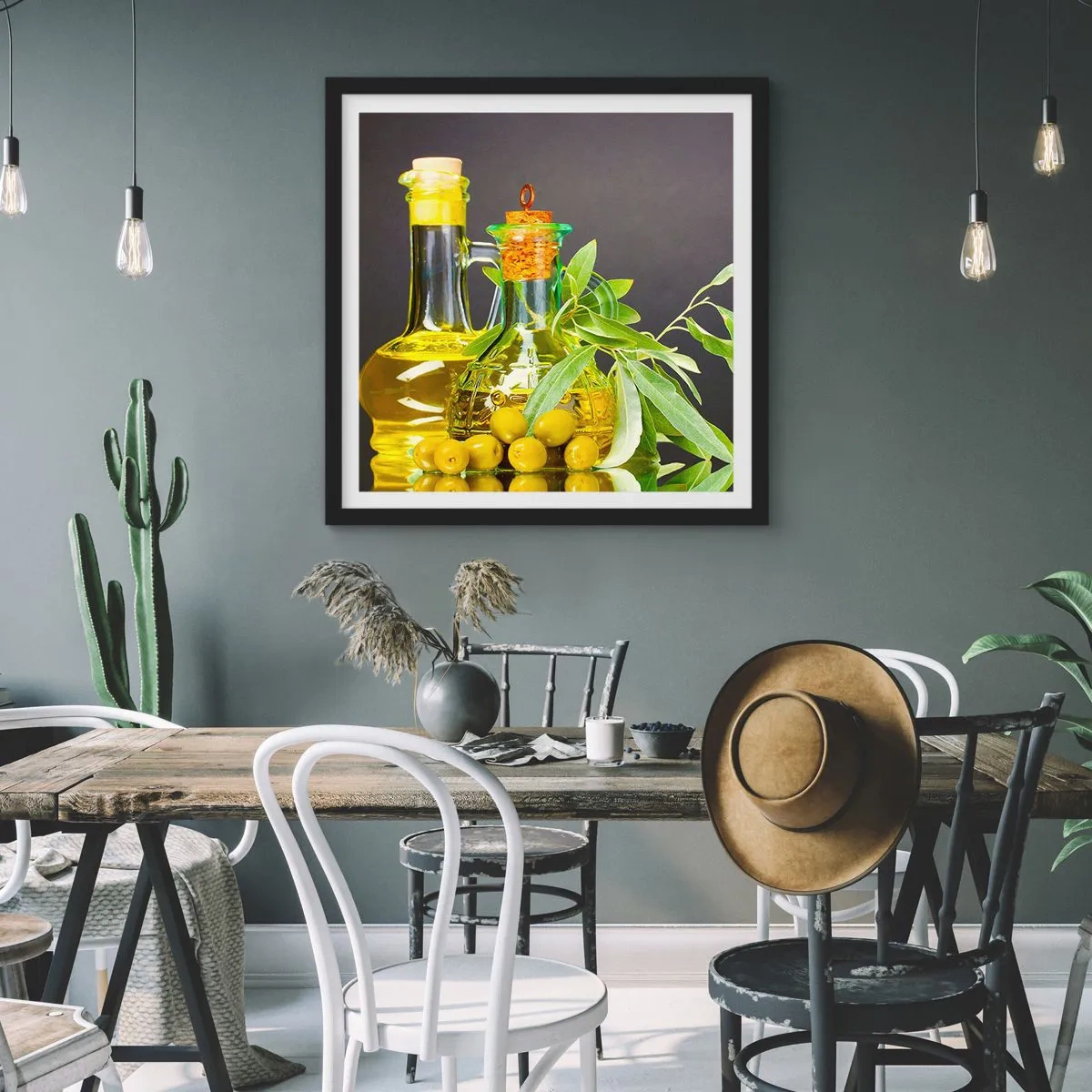 Poster in einem schwarzem Rahmen - Stillleben mit Oliven und Olivenöl - 40x40 cm