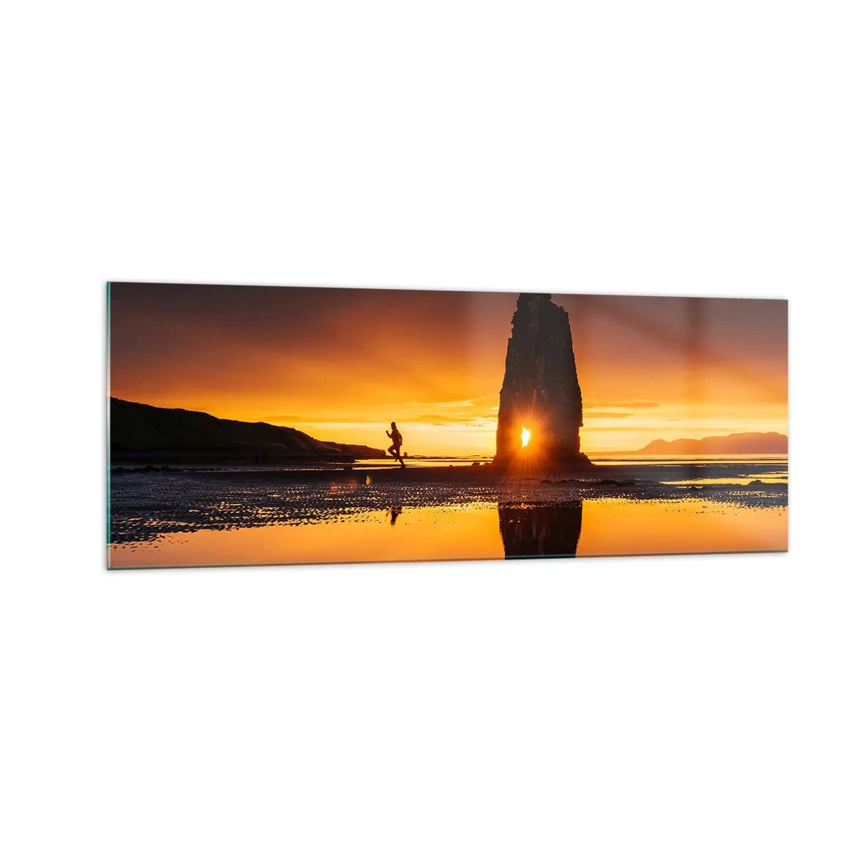 Glasbild - Bild auf glas - Person läuft bei Sonnenuntergang am Strand mit Felsformation - 140x50cm - Nur du und die Natur - Moderne Wanddekoration für Wohnzimmer und Schlafzimmer ARTTOR