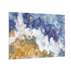 Glasbild - Bild auf glas - Abstrakte Pinselstriche in Blau, Weiß und Gold - 70x50cm - Tanz der Naturelemente - Moderne Wanddekoration für Wohnzimmer und Schlafzimmer ARTTOR