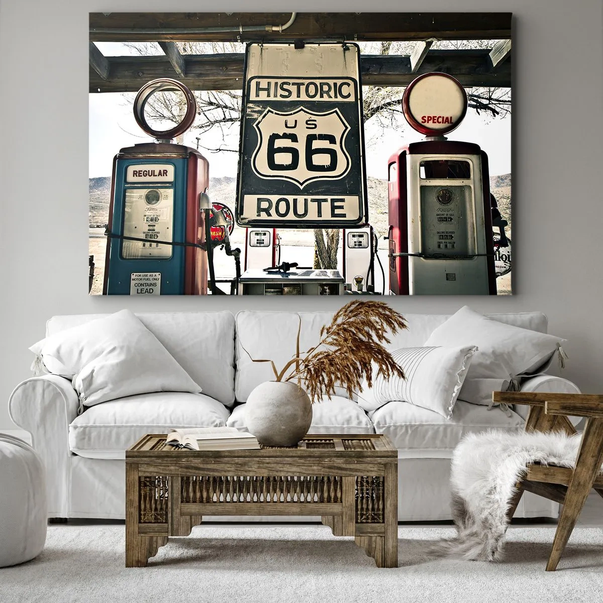 Bild auf Leinwand - Leinwandbild - Historische Tankstelle an der Route 66 - 120x80cm - Amerikanische Retro-Reise - Moderne Wanddekoration für Wohnzimmer und Schlafzimmer ARTTOR