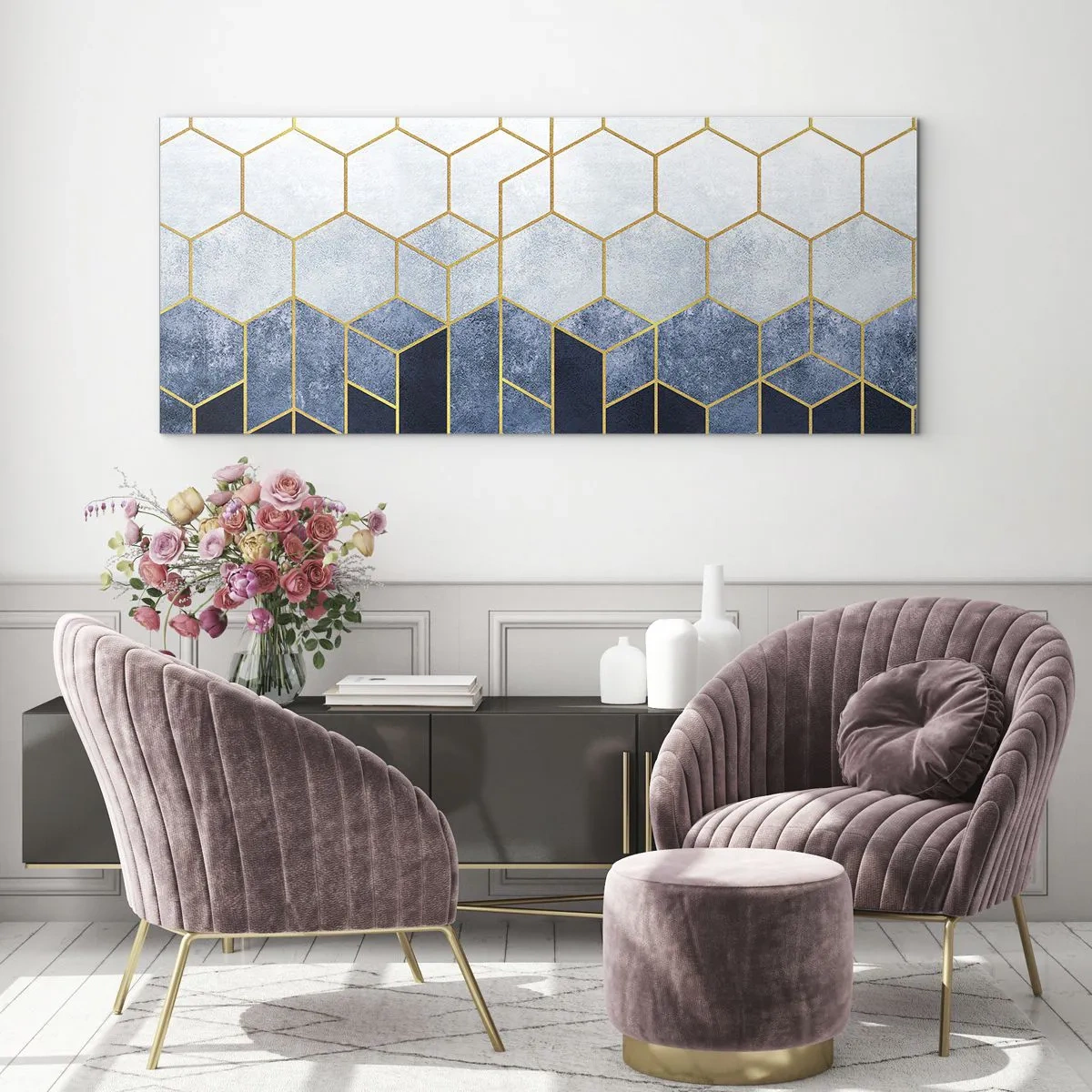 Glasbild - Bild auf glas - Geometrisches Muster in Gold- und Marineblautönen - 120x50cm - Komposition im synkopischen Rhythmus - Moderne Wanddekoration für Wohnzimmer und Schlafzimmer ARTTOR