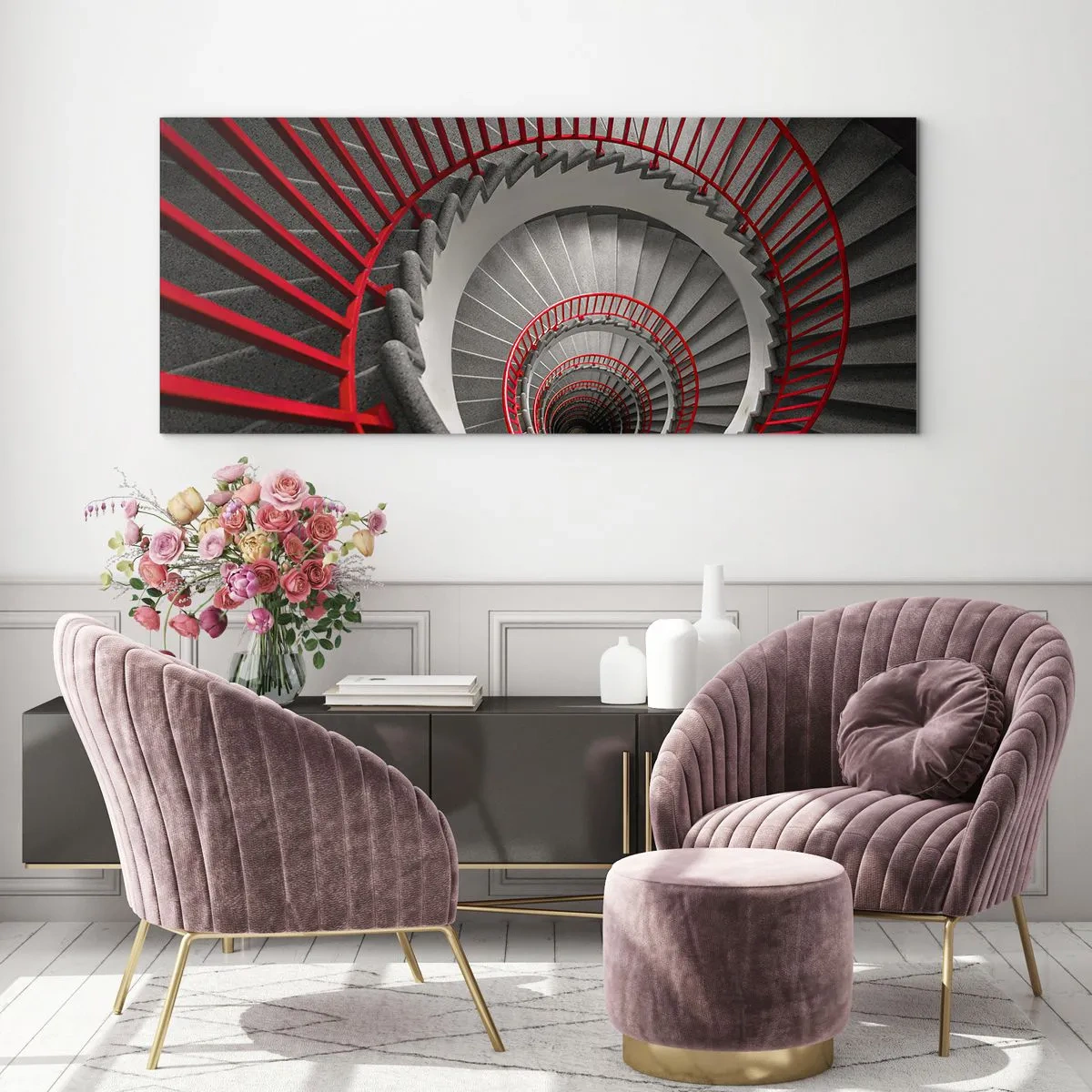 Glasbild - Bild auf glas - Wendeltreppe mit roten Handläufen in dynamischer Perspektive - 140x50cm - Architekturspaß - Moderne Wanddekoration für Wohnzimmer und Schlafzimmer ARTTOR