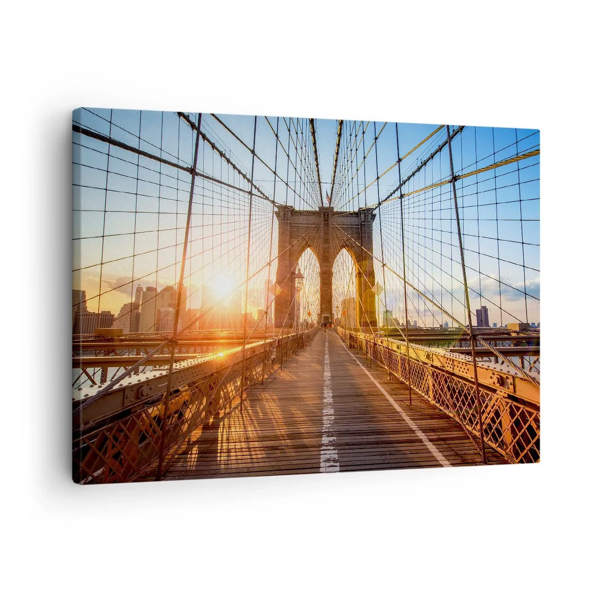 Bild auf Leinwand - Leinwandbild - Die Brücke im Licht der untergehenden Sonne mit Blick auf die Stadt - 70x50cm - Auf der goldenen Brücke - Moderne Wanddekoration für Wohnzimmer und Schlafzimmer ARTTOR