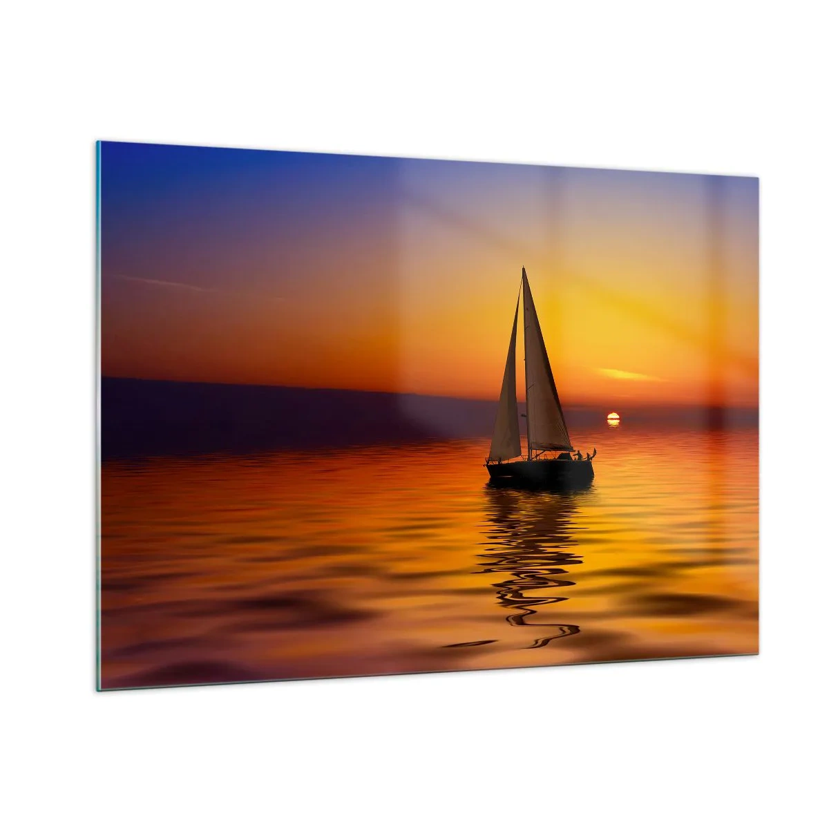 Glasbild - Bild auf glas - Ein Segelboot auf dem Wasser bei Sonnenuntergang - 100x70cm - Wie ruhig es hier in der Abenddämmerung ist... - Moderne Wanddekoration für Wohnzimmer und Schlafzimmer ARTTOR