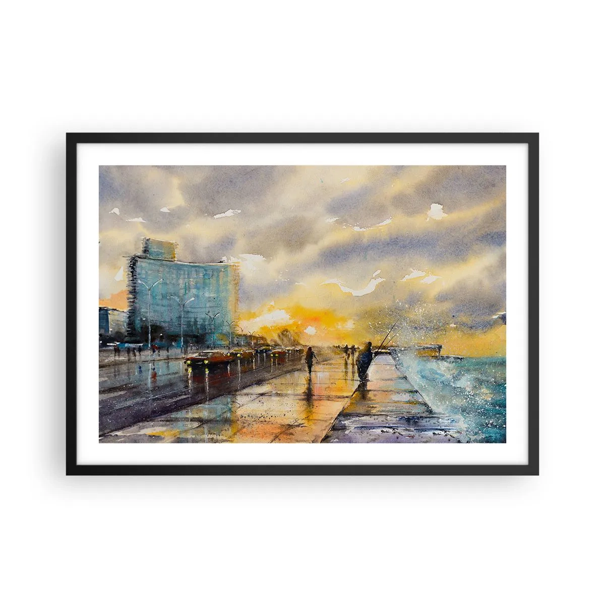 Poster in einem schwarzem Rahmen - Ein malerischer Blick auf die Strandpromenade bei Sonnenuntergang - 70x50cm - Leben am Ufer - Moderne Wanddekoration für Wohnzimmer und Schlafzimmer ARTTOR