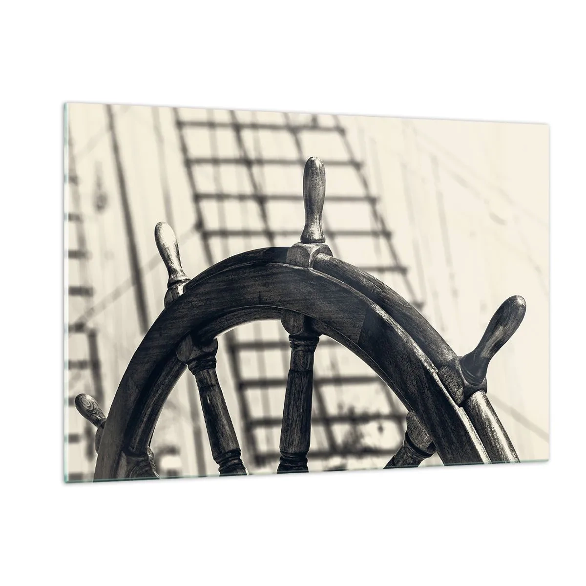 Glasbild - Bild auf glas - Schwarz-weißes nautisches Schiffsrad - 120x80cm - Meeresgeschichten - Moderne Wanddekoration für Wohnzimmer und Schlafzimmer ARTTOR