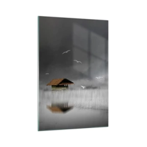 Glasbild - Bild auf glas - Ein einsames Häuschen am Wasser, umgeben von Nebel und Vögeln - 70x100cm - Schutz vor Regen - Moderne Wanddekoration für Wohnzimmer und Schlafzimmer ARTTOR