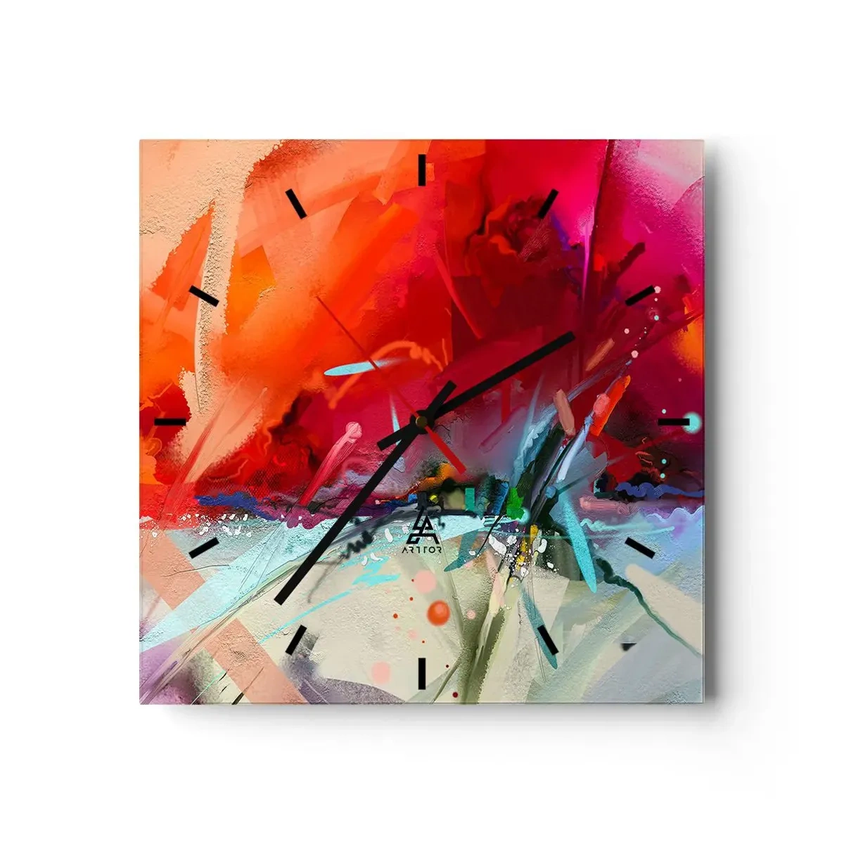 Wanduhr - Glasuhr - Abstrakte Landschaft in intensiven Farben - 30x30cm - Eine Explosion von Lichtern und Farben - Moderne Wanddekoration für Wohnzimmer und Schlafzimmer ARTTOR