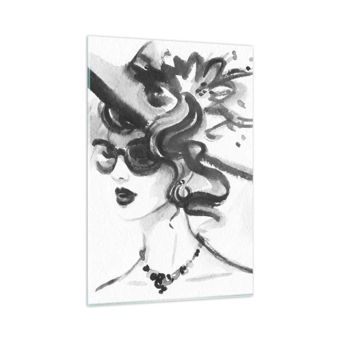 Glasbild - Bild auf glas - Elegante Frau mit Hut im Schwarz-Weiß-Stil - 80x120cm - Eine Dame mit Charakter - Moderne Wanddekoration für Wohnzimmer und Schlafzimmer ARTTOR