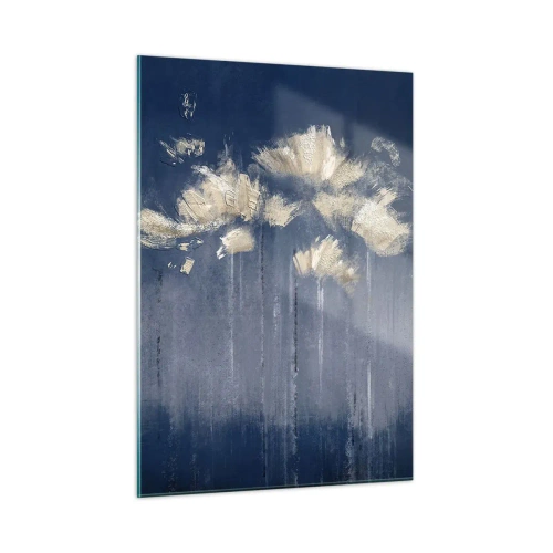 Glasbild - Bild auf glas - Goldenes abstraktes Blumenarrangement auf marineblauem Hintergrund - 50x70cm - Wie Blütenblätter im Wind - Moderne Wanddekoration für Wohnzimmer und Schlafzimmer ARTTOR