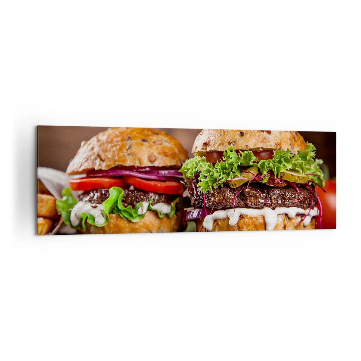 Bild auf Leinwand - Leinwandbild - Appetitliche Burger mit Gemüse und Sauce - 160x50cm - Amerikanischer Traum - Moderne Wanddekoration für Wohnzimmer und Schlafzimmer ARTTOR