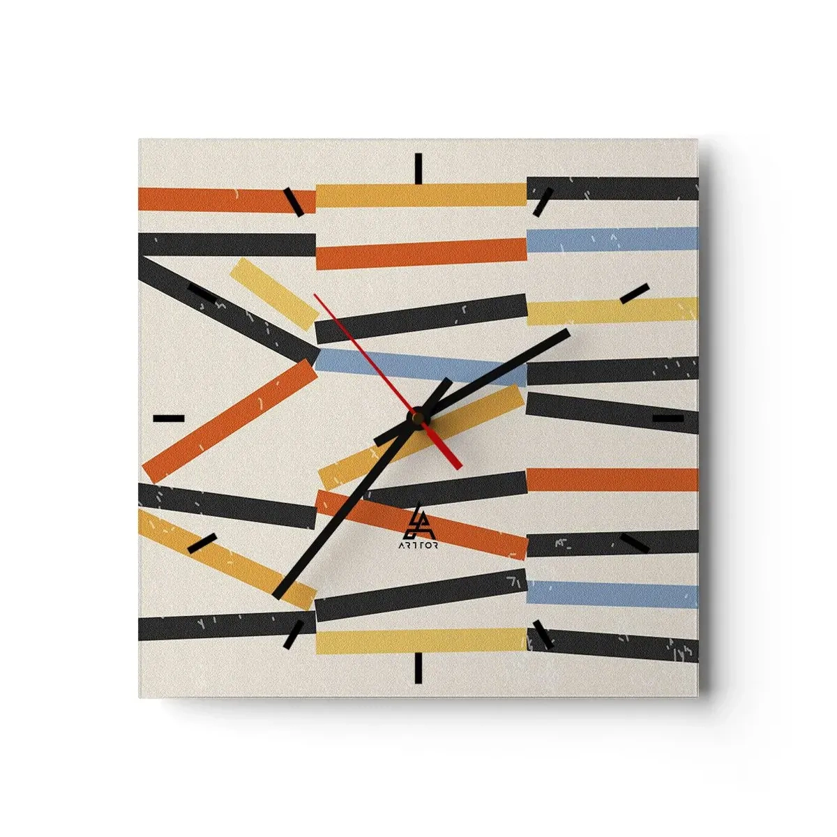 Wanduhr - Glasuhr - Abstrakte Komposition mit farbigen und schwarzen Rechtecken in horizontaler Anordnung - 30x30cm - Komposition auf der Ebene - Moderne Wanddekoration für Wohnzimmer und Schlafzimmer ARTTOR