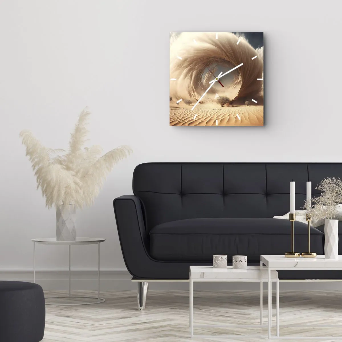 Wanduhr - Glasuhr - Dynamischer Sandwirbel in einer Wüste mit Bäumen - 30x30cm - Geöffnetes Portal - Moderne Wanddekoration für Wohnzimmer und Schlafzimmer ARTTOR