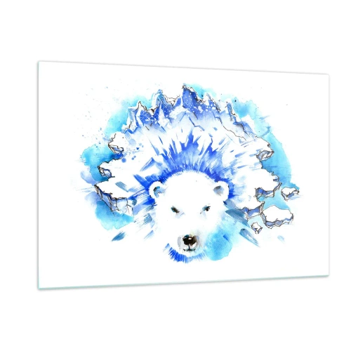 Glasbild - Bild auf glas - Ein Eisbär vor dem Hintergrund eisiger Berge in Blautönen. - 120x80cm - Der König der Arktis in einer Eiskrone - Moderne Wanddekoration für Wohnzimmer und Schlafzimmer ARTTOR