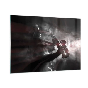 Glasbild - Bild auf glas - Saxophonist in einer Rauchwolke in Schwarz und Weiß - 100x70cm - In den Dämpfen des Jazz - Moderne Wanddekoration für Wohnzimmer und Schlafzimmer ARTTOR