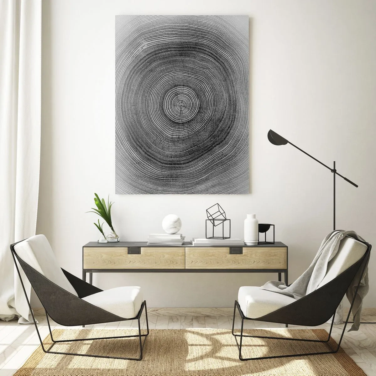 Glasbild - Bild auf glas - Konzentrische Linien von Baumringen, dargestellt in einer Schwarz-Weiß-Ästhetik - 50x70cm - Zeichen der Zeit - Moderne Wanddekoration für Wohnzimmer und Schlafzimmer ARTTOR