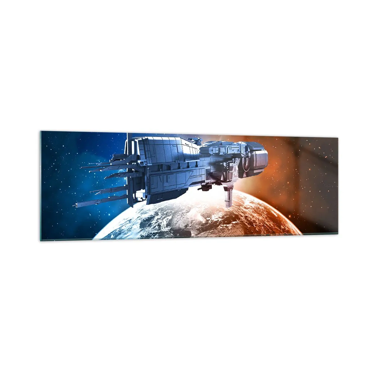 Glasbild - Bild auf glas - Ein Raumschiff vor dem Hintergrund eines Planeten im Weltraum - 160x50cm - Ein aufmerksamer Beobachter - Moderne Wanddekoration für Wohnzimmer und Schlafzimmer ARTTOR