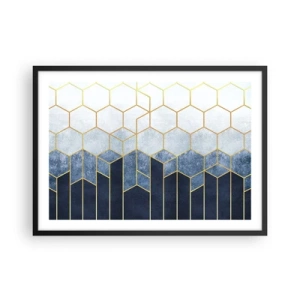Poster in einem schwarzem Rahmen - Geometrisches Muster in Gold- und Marineblautönen - 70x50cm - Komposition im synkopischen Rhythmus - Moderne Wanddekoration für Wohnzimmer und Schlafzimmer ARTTOR