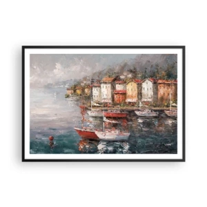 Poster in einem schwarzem Rahmen - Küstenlandschaft mit Booten und bunten Häusern - 100x70cm - Romantische Oase - Moderne Wanddekoration für Wohnzimmer und Schlafzimmer ARTTOR