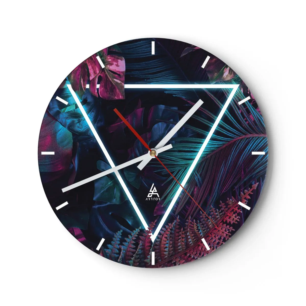 Wanduhr - Glasuhr - Tropische Blätter und Farne mit Neondreieck - 30x30cm - Garten im Disco-Stil - Moderne Wanddekoration für Wohnzimmer, Küche und Schlafzimmer ARTTOR