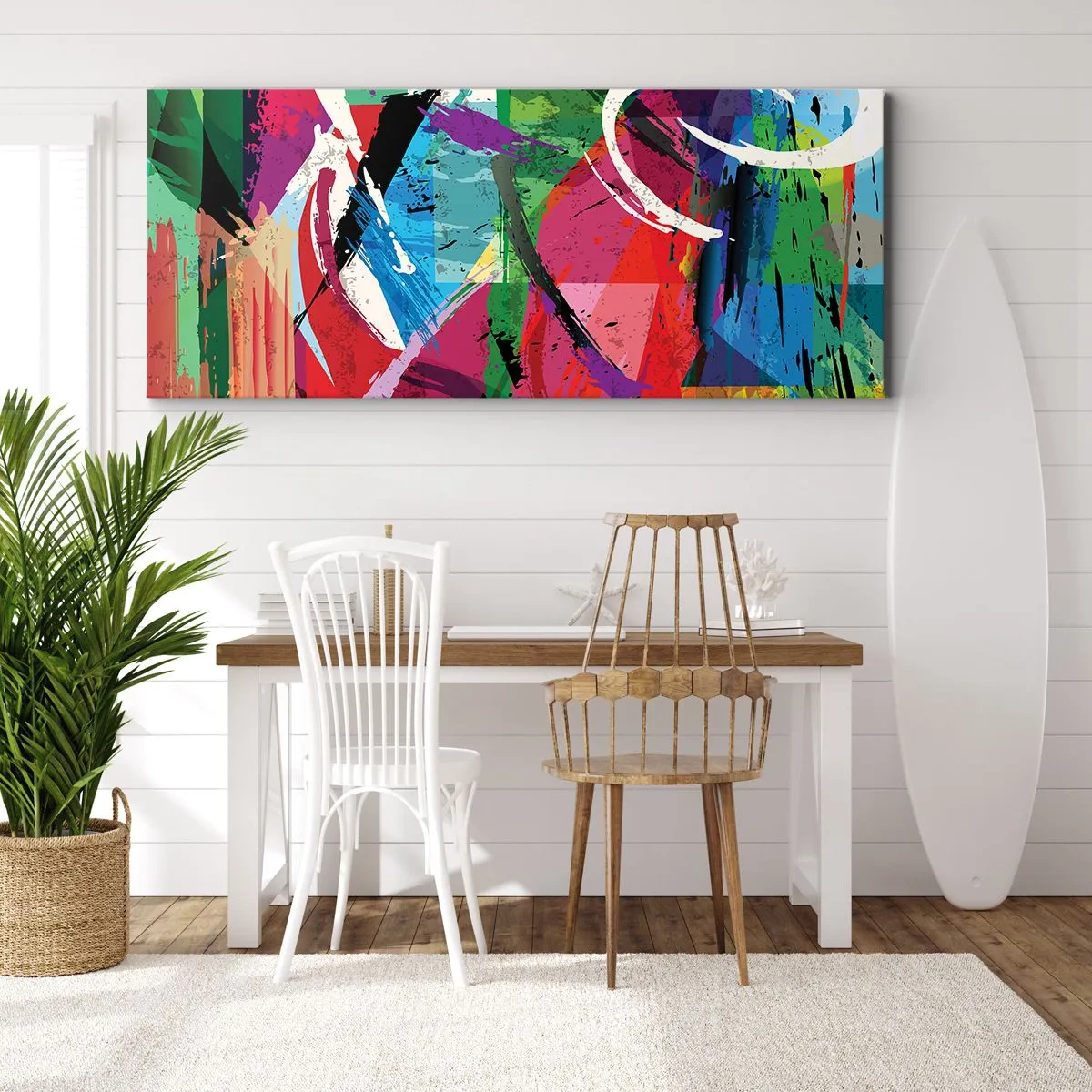 Bild auf Leinwand - Leinwandbild - Farbenfrohe Abstraktion mit dynamischen Pinselstrichen - 140x50cm - Schnell, spritzig und springt - Moderne Wanddekoration für Wohnzimmer und Schlafzimmer ARTTOR