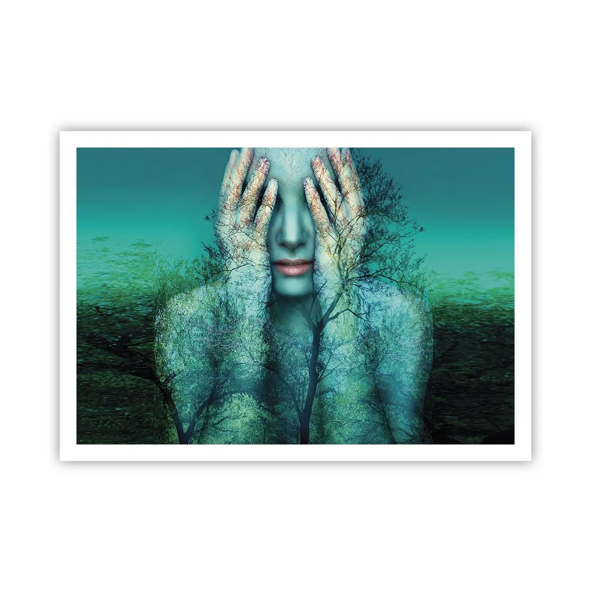 Poster - Eine Frauenfigur mit Baummotiv vor türkisfarbenem Landschaftshintergrund - 100x70cm - Eingetaucht in Blau - Moderne Wanddekoration für Wohnzimmer und Schlafzimmer ARTTOR