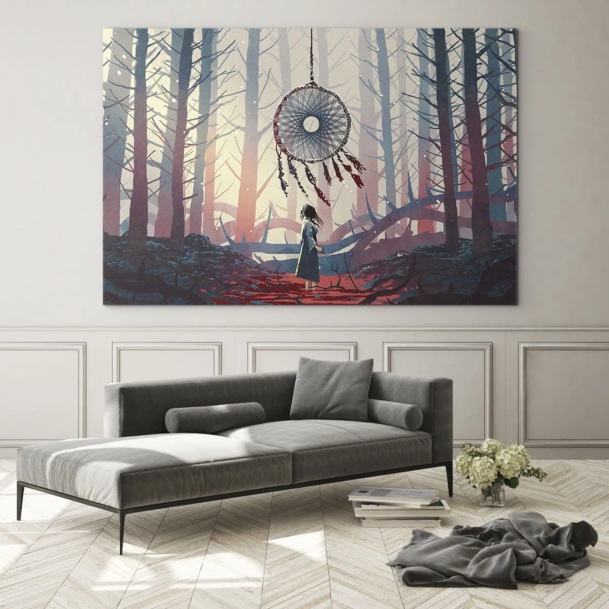 Glasbild - Bild auf glas - Eine Gestalt im Wald betrachtet einen großen Traumfänger, der in der Luft schwebt. - 70x50cm - Geheimes Glücksritual - Moderne Wanddekoration für Wohnzimmer und Schlafzimmer ARTTOR