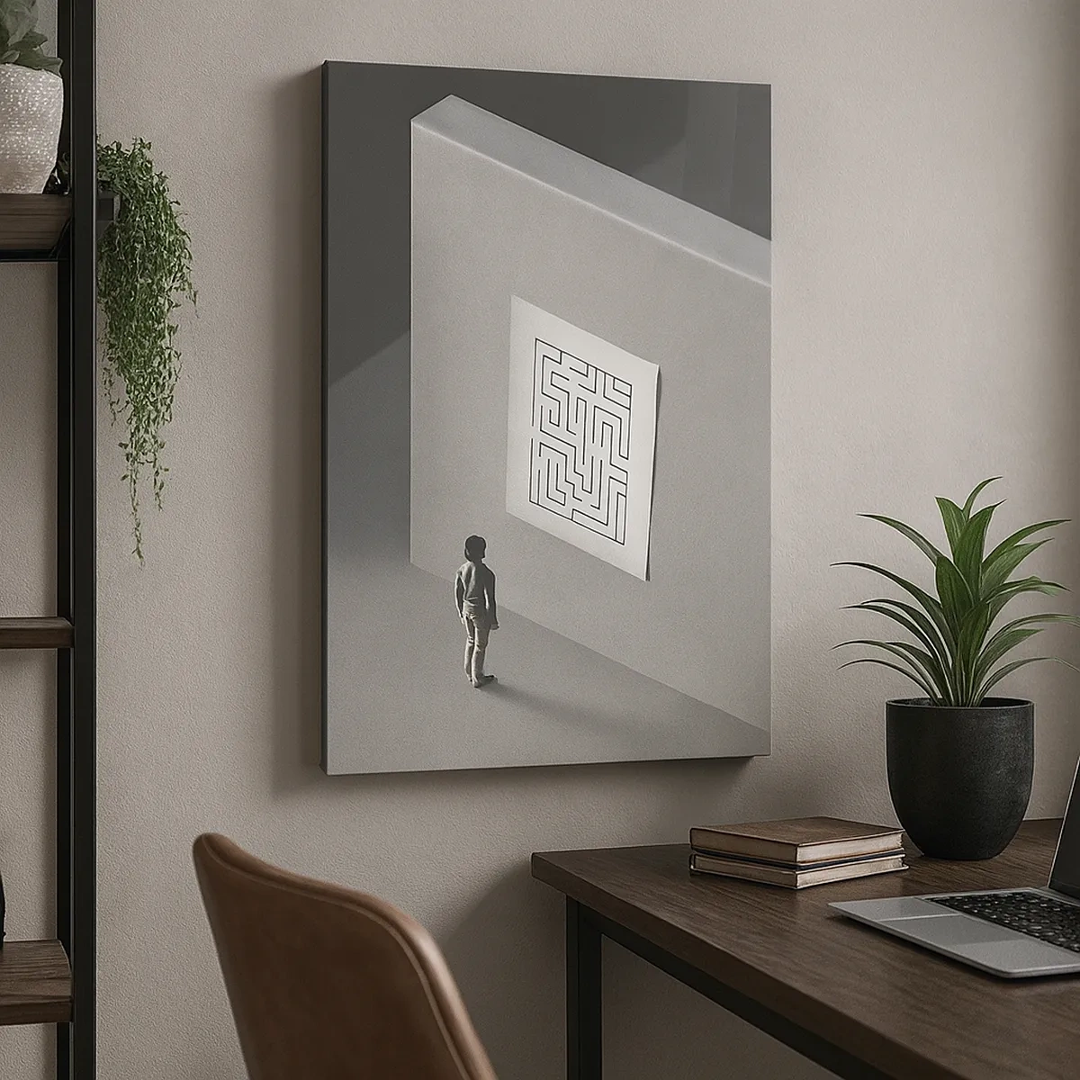 Bild auf Leinwand - Leinwandbild - Eine Figur in einem Labyrinth, die auf eine hängende Karte schaut - 50x70cm - Aber wo bin ich? - Moderne Wanddekoration für Wohnzimmer und Schlafzimmer ARTTOR