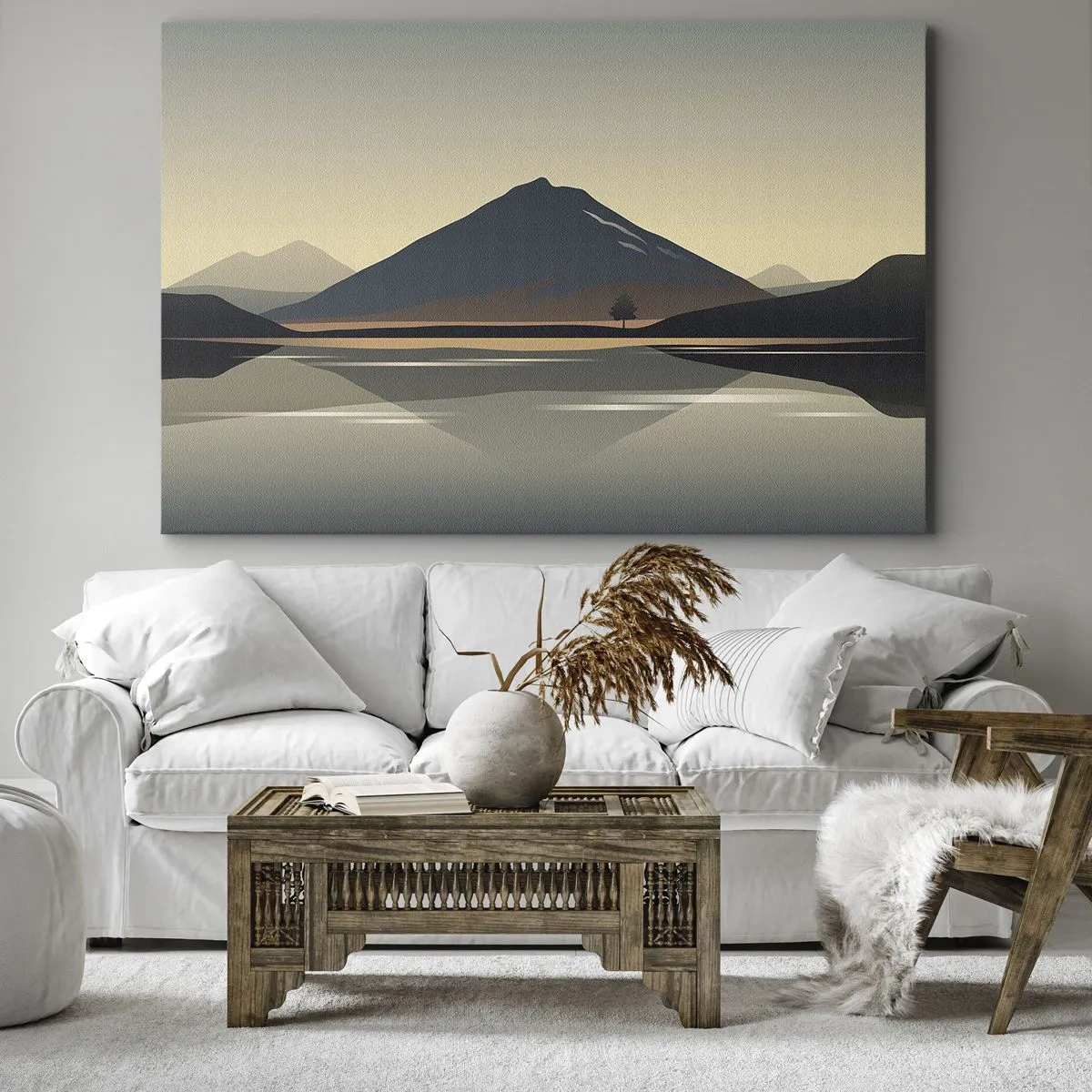 Bild auf Leinwand - Leinwandbild - Minimalistische Berglandschaft mit Spiegelung im Wasser - 70x50cm - Spiegelreflexion - Moderne Wanddekoration für Wohnzimmer und Schlafzimmer ARTTOR