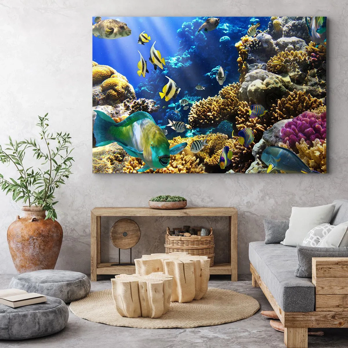 Bild auf Leinwand - Leinwandbild - Ein farbenfrohes Korallenriff mit tropischen Fischen in den Tiefen des Ozeans. - 100x70cm - Viel Verkehr auf dem Ferienweg - Moderne Wanddekoration für Wohnzimmer und Schlafzimmer ARTTOR