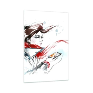 Glasbild - Bild auf glas - Eine Frau in einem roten Schal mit dynamischen Aquarellstrichen - 70x100cm - Mit mir stimmt was nicht - Moderne Wanddekoration für Wohnzimmer und Schlafzimmer ARTTOR