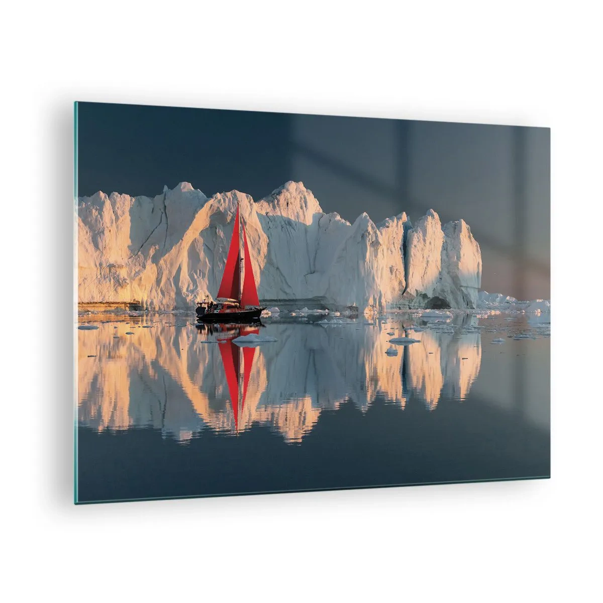 Glasbild - Bild auf glas - Ein Segelboot mit einem roten Segel in der Nähe der Eisberge bei Sonnenuntergang - 70x50cm - Am Rande der Welt - Moderne Wanddekoration für Wohnzimmer und Schlafzimmer ARTTOR