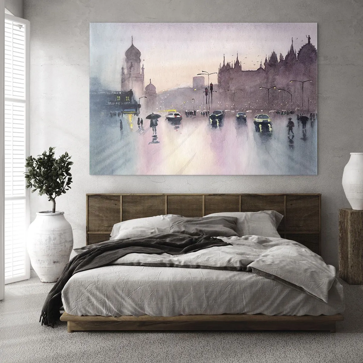 Glasbild - Bild auf glas - Regnerisches Stadtbild - 70x50cm - Im regnerischen Dunst - Moderne Wanddekoration für Wohnzimmer und Schlafzimmer ARTTOR